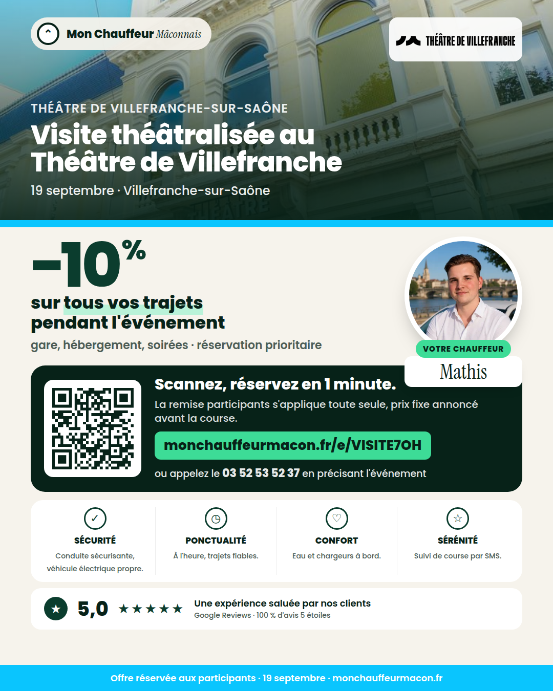 Offre participants Visite théâtralisée au Théâtre de Villefranche : −10 % avec Mon Chauffeur Mâconnais