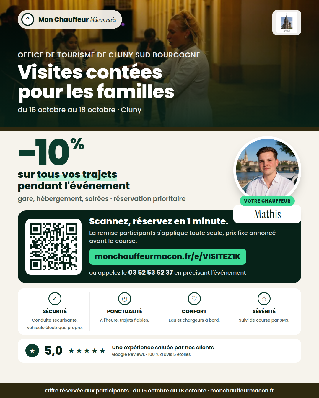 Offre participants Visites contées pour les familles : −10 % avec Mon Chauffeur Mâconnais