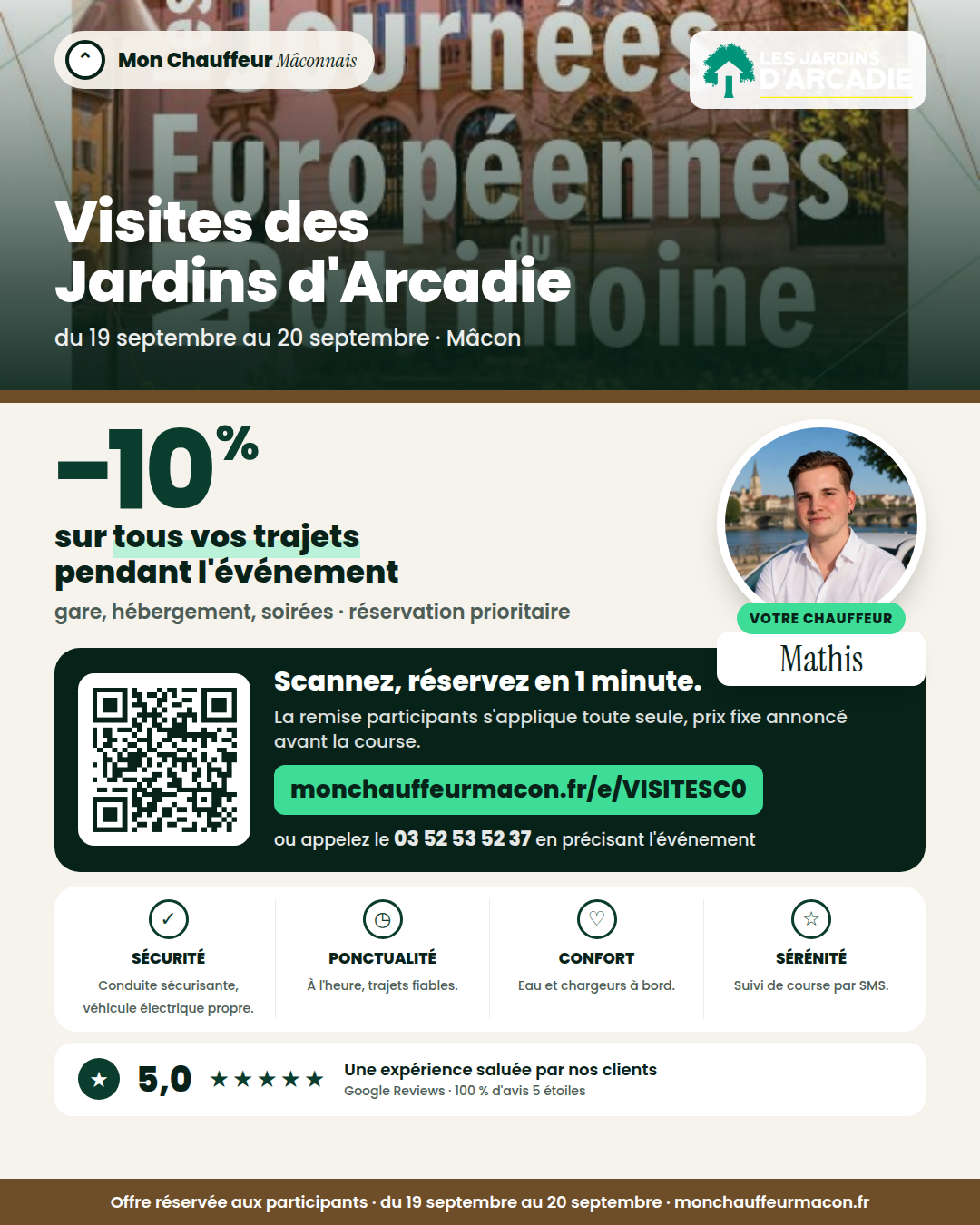 Offre participants Visites des Jardins d'Arcadie : −10 % avec Mon Chauffeur Mâconnais