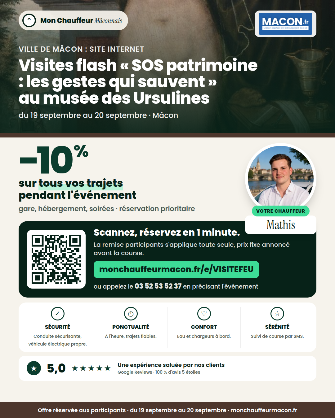 Offre participants Visites flash « SOS patrimoine : les gestes qui sauvent » au musée des Ursulines : −10 % avec Mon Chauffeur Mâconnais